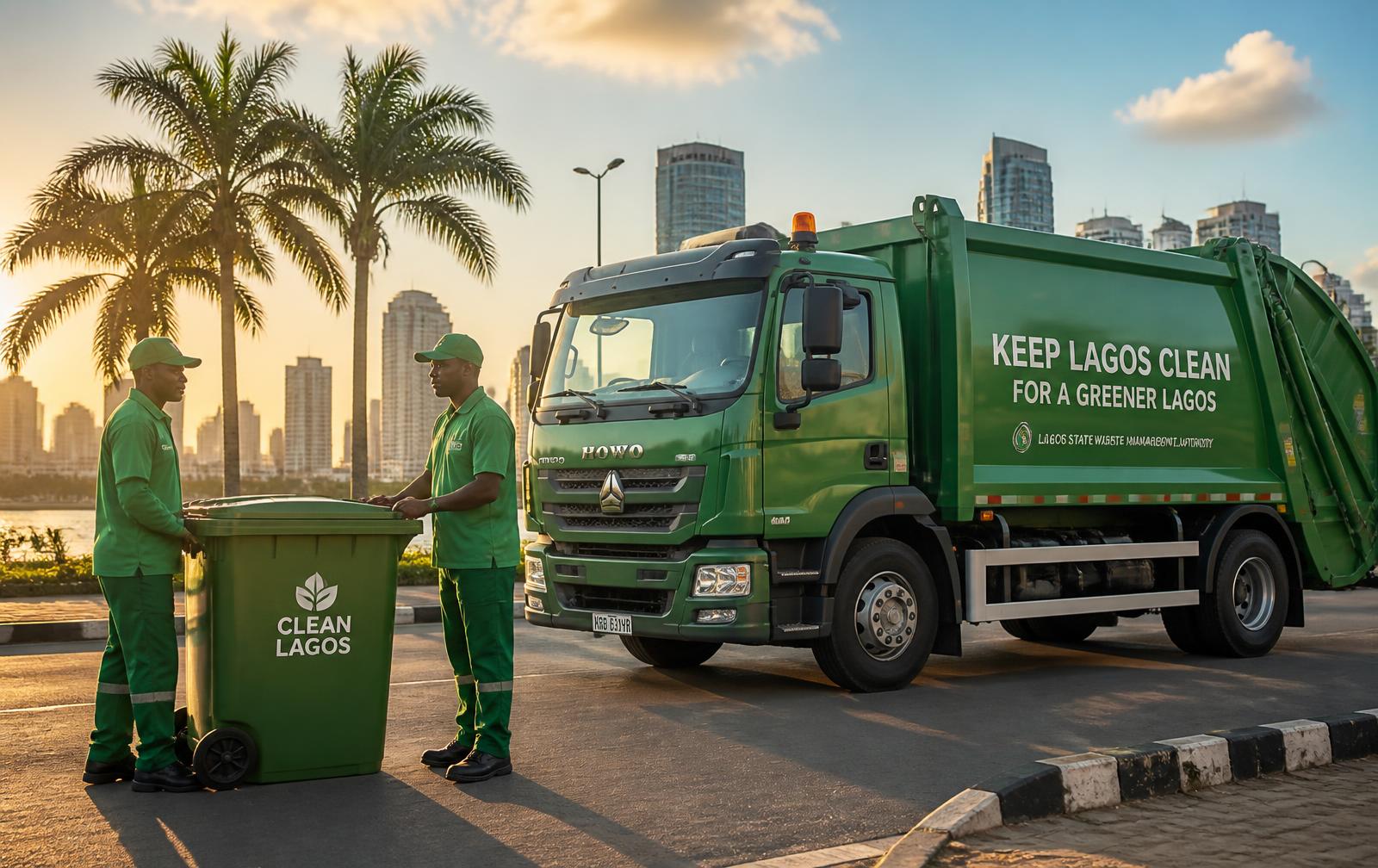 Green waste collection truck and sanitation workers on a Nigerian street